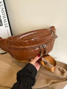 Geantă de talie din piele PU de culoare solidă pentru femei, geantă de piept la modă retro, geantă la subraț, geantă mică crossbody casual cu un umăr pentru primăvară/vară, geantă de piept minimalistă versatilă - Maro - Vizualizare 4