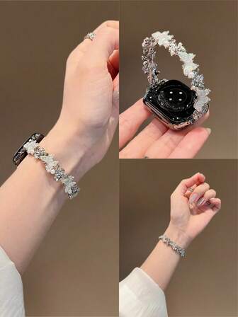 Elegant Apple-Themed Butterfly Bracelet Watch Band With Secure Two-Step Clasp | Sparkling Design & Cute Apple Charm, Compatible With Apple Watch Ultra/SE/Series 11/10/9/8/7/6/5/4/3/2/1 | Adjustable Fit For 38mm 40mm 41mm 42mm 44mm 45mm 46mm 49mm