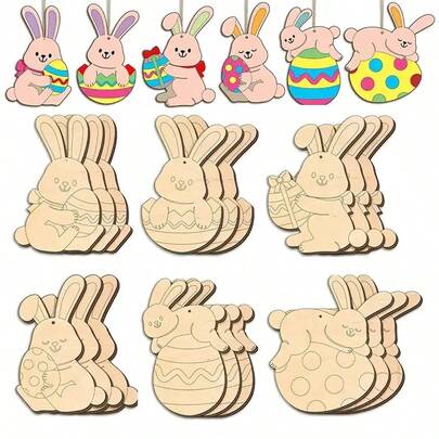 6pcs Unfinished Wooden Rabbit Egg Shaped Carving Pieces, Wooden Rabbit DIY Craft For Coloring, Suitable For Holiday & Home Decor