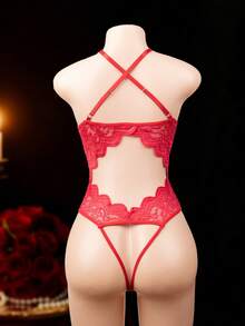 1pc Women's Sexy Lace Bodysuit, Tight-Fitting Lingerie With Open Crotch Design, Sheer And Alluring