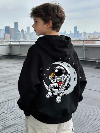 Tween Boys Casual Loose Comfortable Everyday Wear Cute Astronaut & Space Graphic Print Knit Long Sleeve Hoodie Young Boys
