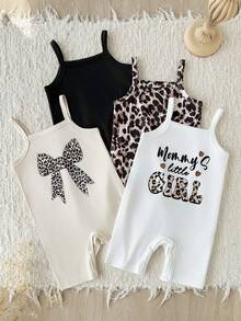 4pcs Baby Girls' Cute Rompers - Letter, Bow, Leopard Print And Solid Color, Soft Knit Fabric, Ideal For Casual Spring/Summer Wear, Baby Girls - Multicolor - View 1