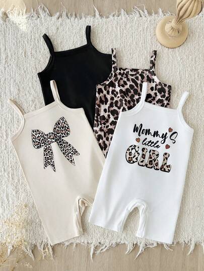 4件套女婴可爱连体衣 - 字母、蝴蝶结、豹纹和纯色，柔软针织面料，适合春夏休闲穿着，女婴适用