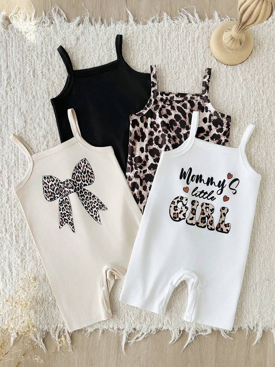 4pcs Baby Girls' Cute Rompers - Letter, Bow, Leopard Print And Solid Color, Soft Knit Fabric, Ideal For Casual Spring/Summer Wear, Baby Girls - Multicolor - View 1