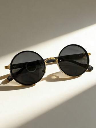 Unisex Round Black Metal Glasses, Punk Street Vintage Chic Fashion Eyewear, Suitable For Street Photography, Travel, Party, Daily Outfit, Fishing, Camping