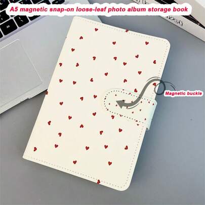 1pc A5 PU Leather Red Heart Pattern 4-Grid Loose Leaf Photo Album/Card Holder/Postcard/Photo/Card Organizer, Suitable For Instant Film Photos, Gifts, Decoration, Organization, Ins Style, Photo Collection, Album, Memories, Stationery
