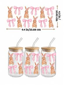 4 件装“妈妈与每日箴言”UV DTF 杯贴，适用于 16 盎司玻璃杯，粉色蝴蝶结兔子和趣味少女饮品转印贴纸，DIY 自爱贴纸（9.4x4.3 英寸） - Coquette02 - 查看 6