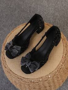 方头粗跟一脚蹬鞋，百搭蝴蝶结鞋，时尚一脚蹬鞋，镂空串珠高跟鞋，尺码 35-43（偏大一码），黑色 - 黑珠片中空(雙色蝴蝶結) - 查看 4