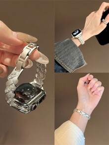 Chic Apple-Inspired Wheat & Diamond Bracelet Watch Band With Freely Adjustable Sizing | Sparkling Textured Design & Cute Apple Charm, Compatible With Apple Watch Ultra/SE/Series 11/10/9/8/7/6/5/4/3/2/1 | Fits 38mm 40mm 41mm 42mm 44mm 45mm 46mm 49mm