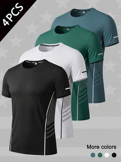4件套男士透气速干运动T恤套装，侧边网眼拼接撞色设计，适合健身、跑步等运动。