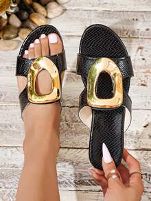 Sandales décontracté à talon épais avec boucle métallique pour femmes grandes tailles, chaussures de plage mode couleur unie pour l'été - Noir - Voir 6