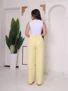 Women's Tailored Wide Leg Straight Leg Trousers With High Waist, Elastic Back, Side Pocket, Elegant And Comfortable, Loose Fit And Perfect Drape For The Office. - 黃色 - 查看 5