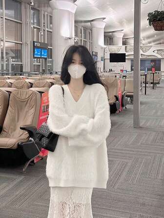 纯色宽松休闲女式长袖蓬松毛衣