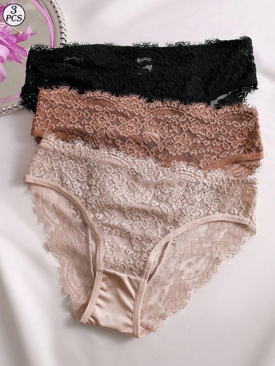 3pcs Women's Fashionable Elegant Floral Lace Briefs
