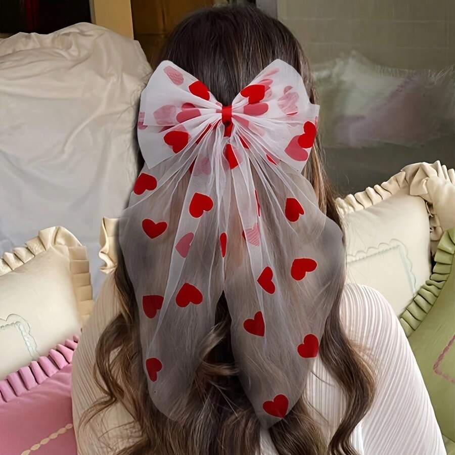 1pc Elegant Red Heart Bow Hair Clip For Women - Chic Long Hair Accessory With Sheer Mesh Design - A Decorative Headpiece For Women With Long Hair ,Suitable For Daily Use, Parties, And Gifts, Cute Fabric Style - Sky Blue - 查看 1