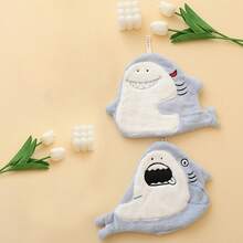 1 Piece-Border Coral Fleece Hand Towel Thickened Hand Washing Towel Hanging Children Cute Shark Hand Towel Absorbent Non-Shedding - 黑鯊 - 查看 5