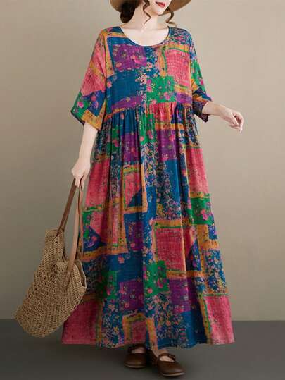 Tops Women's Plus Size Casual Vacation Bohemian Floral Long Dress, Round Neck Bat Sleeves A-Line Flowing Long Dress With Pockets, Summer Casual Woven Fabric, Summer Women's Plus Size Printed Long Dress, Round Neck A-Line Skirt With Pockets 2026 Women's Long Casual Dress Woven Fabric Non Elastic Flowing Long Dress, Suitable For Elderly People's Inner Sleeping Dress