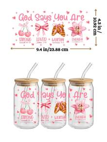 4 件装 Coquette 基督教与运动 UV DTF 杯贴，适用于 16 盎司玻璃杯，粉色蝴蝶结棒球垒球转印贴纸，宗教信仰 DIY 贴纸（9.4x4.3 英寸） - Coquette01 - 查看 4