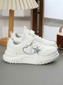 1 Pair Cute Star & Heart Decor Children's Casual Thick Sole Sports Shoes, Suitable For Daily Wear, School, Sports, All Seasons