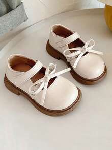 1 Pair 2025 New Girls' Beige Bow Decor Princess Style Small White Shoes, Back To School, Children Fashion Flat Shoes - Beige - View 2