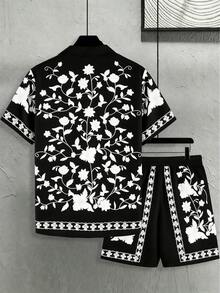 AICJ 男士印花睡衣两件套 - 短袖衬衫（带领和口袋）、抽绳短裤、针织面料，适合春夏、度假/海滩穿着，也可作为男友生日礼物