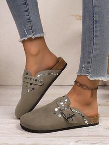 Women's Round Toe Sequin Buckle Strap Shoes, Fashionable, Casual, Comfortable, Convenient Slip-On, Suitable For Daily, Work, Party - Dark Grey - View 5