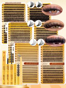 MEM 640/592pcs Eyelash Extension Kit, DIY Eyelash Extension Set, Individual Eyelash Cluster Kit, D Curl Eyelash Extension Set, Includes Adhesive, Sealant And Eyelash Extension Tools, Daily Wear Eyelash Set, Eyelash Cluster, Suitable For Travel, Beginner Friendly For Daily Wear, Also Suitable For Weddings, Dates, Parties, Holidays, Ideal As Christmas/Halloween/Gift Eyelash Set - màu đen - Xem 3
