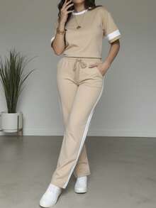 2pcs/Set Plus Size Women's Casual Colorblock Round Neck Short Sleeve Top And High Waist Drawstring Straight Leg Pants, Spring/Summer - Apricot - View 4