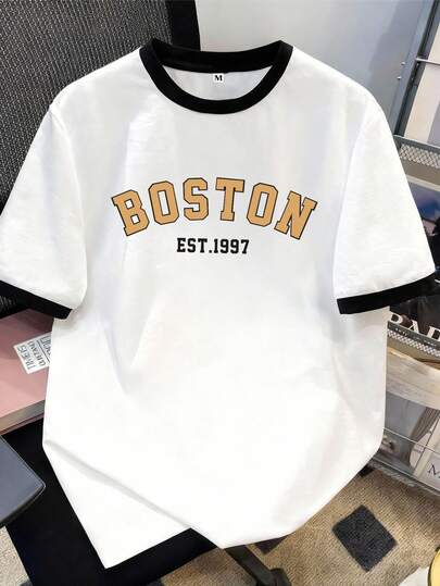 Men's T-Shirt, Minimalist & Fashionable - Letter Graphic Print Short Sleeve T-Shirt, Contrast Color Sleeve & Neckline Design, Thin & Loose Fit, Versatile, Polyester Blend, Elastic & Comfortable, Suitable For Casual Daily Wear