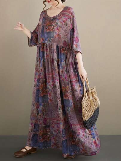 Tops 2026 Women's Plus Size Casual Vacation Bohemian Style Floral Long Skirt With Round Neck Bat Sleeves A-Line Flowing Long Skirt, Women's Purple Color Long Skirt, Summer Casual Woven Fabric Round Neck A-Line Skirt With Pockets Long Casual Dress Woven Fabric Non Elastic Flowing Long Skirt, Inner Nightgown One Dress