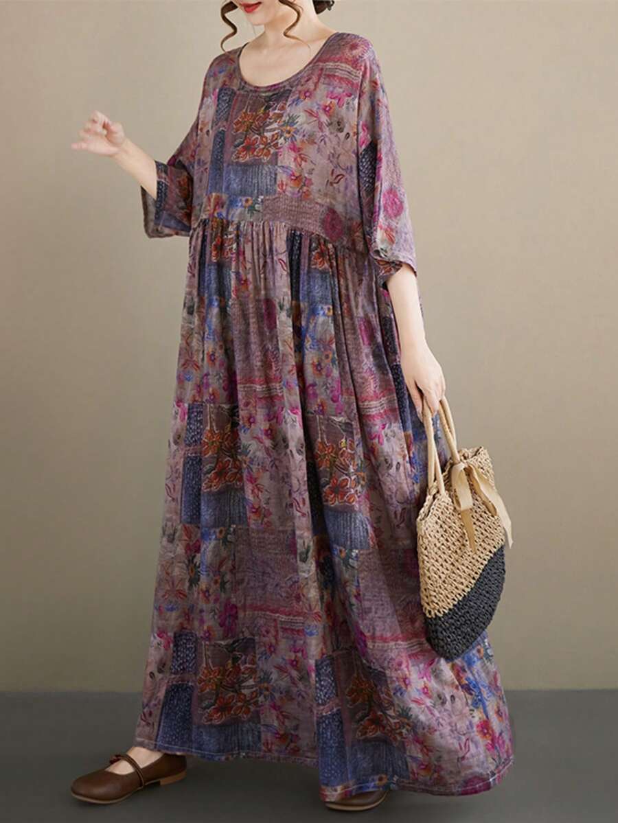 AZAH 2026新款波西米亞風女款夏季印花長洋裝,圓領蝙蝠袖附口袋,休閒度假沙灘洋裝,母親節洋裝,寬鬆版型 - 紫色 - 查看 1