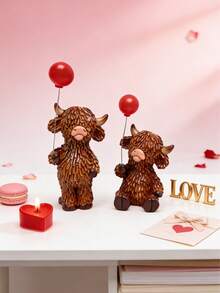 1/2pcs Highland Cow Statue With Red Balloon, Resin Animal Decor, Tiered Tray Centerpiece For Home, Bedroom Decorative Figurine, Tabletop Ornament, Gift For Valentine's Day, Christmas, Birthday, Summer Garden Decor - Multicolor - View 6