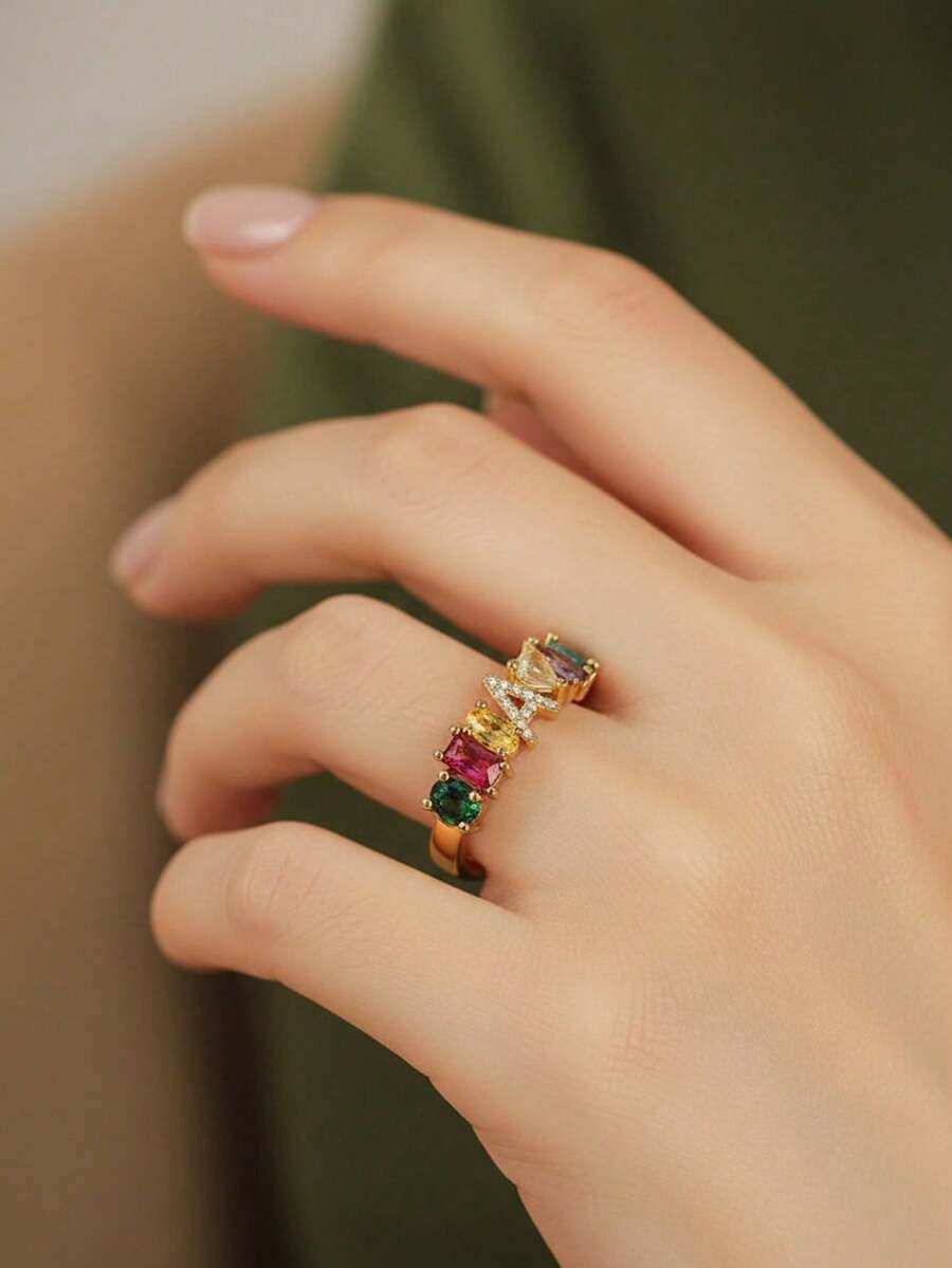 A Novel, Fashionable And Simple Copper Ring, Set With Zirconia Gemstones, Is Specially Designed For Women. It Contains All 26 Letters From A To Z And Is Suitable For Women To Wear Daily. Its Style Is Fashionable And Simple. This Is A Stretchable Opening Ring Accessory. - Multicolor - View 1
