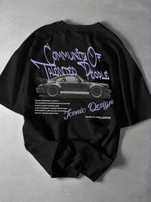 Zrgoth 男士休闲百搭简约英文标语及汽车印花短袖T恤 - 黑色 - 查看 4