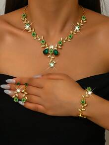 奢华婚礼派对女士礼服水钻装饰珠宝时尚闪亮项链耳环套装，舞会礼服珠宝配饰 - 綠色 - 查看 4
