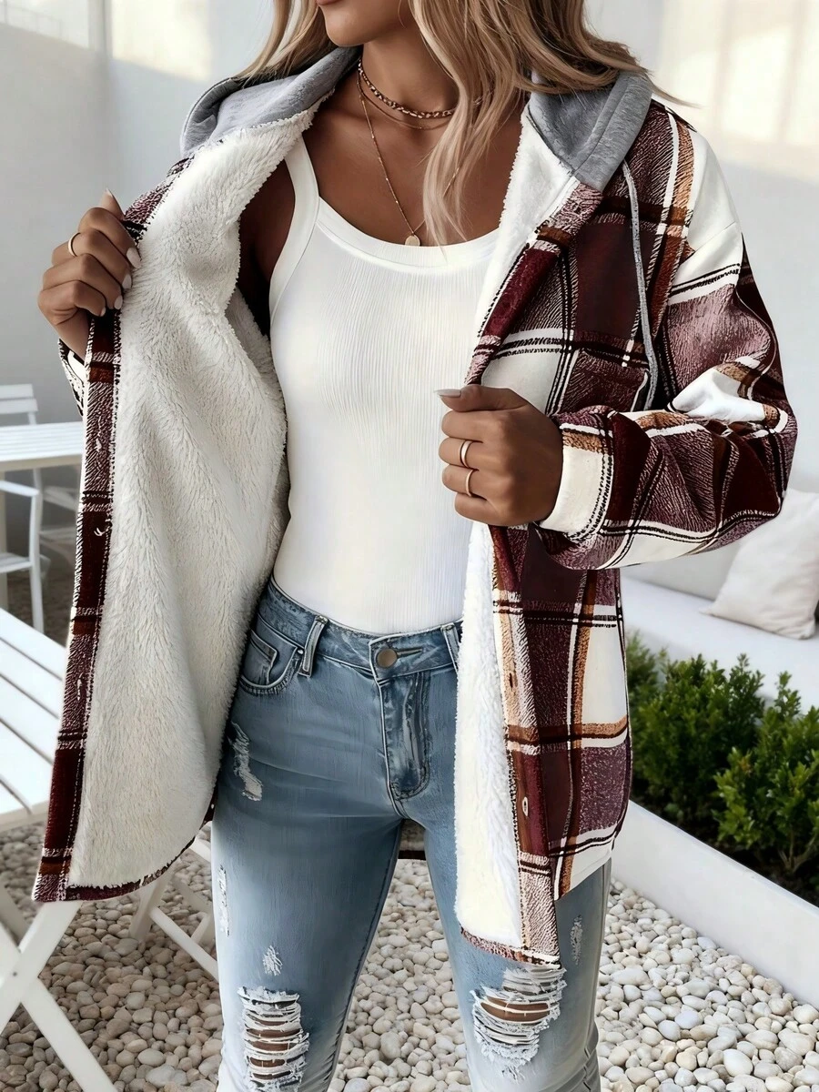 Women's Plaid Hooded Sherpa-Lined Jacket - Multiple Colors, Loose Fit, Long Sleeve, Button Front, Fall/Winter Outerwear | Minimalist Stylish Ladies' Outdoor & Home Jacket, Suitable For Teens & Adults - Đỏ - Xem 1