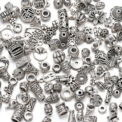 20g Vintage Silver Alloy Pendant Accessories Mixed Style Spacer Beads, Flower Caps, DIY Jewelry Making Supplies For Necklace, Bracelet, Hair Accessories