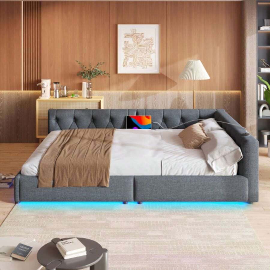 (=WX001034AAE)Schlafsofa, Daybett, Tagesbett, 140x200cm, Schlafsofa Mit Lattenrost (Ohne Matratze), Ambientebeleuchtung Mit Fernbedienung, Kopfteil Mit Knopftuft, Usb+Typ-C, Leinen, Grau - 灰色 - 查看 1