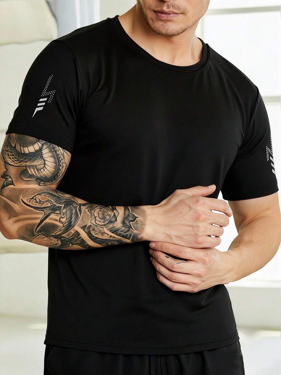 男士速干印花透气T恤 - 吸湿排汗，舒适贴身，适合跑步、健身、休闲、旅行及其他运动和户外活动 - 黑色 - 查看 1