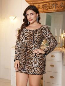 Vestido de cóctel de manga larga con cuello en V, estampado aleatorio y lentejuelas de leopardo para mujer Fuaheng Plus - Marrón - Ver 5