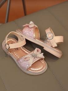 1 Pair Fashion Versatile Girls' Pearl & Rhinestone Bow Decor Cute Flat Sandals, Round Toe, Suitable For Daily Wear, Dancing, Outdoor, Decorated With Sequins, Closed Toe Princess Shoes, Spring And Autumn - Pink - View 4
