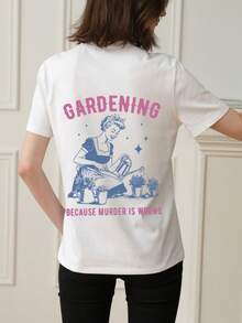 1pc Women's Summer Round Neck Short Sleeve T-Shirt, Gardening Lover & English Letter Print Pattern, Suitable For Vacation, Office, Outing, Daily, Date, Party, Gathering, Street, Valentine's Day, Party Occasion Elegant T-Shirt - White - View 2