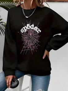 Black Spider Web Sweatshirt With Sp5der Text, Unisex Streetwear Pullover, Front And Back Pink Web Graphic, Goth Y2K Gift - 黑色 - 查看 10