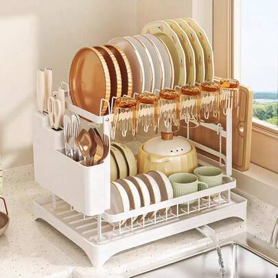 2-Tier Kitchen Storage Rack With Quick Drainage, Knife And Fork Holder, Cutting Board Rack, Dry Countertop -Space-Saving Multifunctional Utensil Organizer For Bowls, Plates, And More, Utensil Holder|Sleek Metal Rack|Durable Kitchenware, Kitchen Organizers And Storage