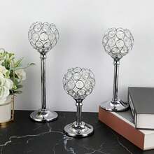 3-Pieces Elegant Crystal Candle Holders - Versatile, Silver Centerpiece Polished Finish For Wedding Decor, Table Centerpieces & Home Ambiance Halloween, Spooky, Autumn, Festival, Holiday , Winter, Holiday, Festival, Room Decor, Gifts Birthday Graduation - 銀色 - 查看 5