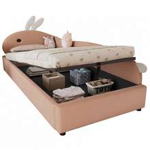 Upholstered Bed, Single Bed, Children's Bed, Cute Rabbit Pattern Headboard, Hydraulic Bed With Storage Space, Raised Soft Rail, Right Side Panel, Velvet, Pink + White, 90*200 Cm - Red Bean Paste + Velvet - View 10