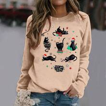 Sudaderas de Navidad para mujer, divertidas y lindas sudaderas de Navidad con gato negro, camiseta ligera de manga larga con cuello redondo - A-Caqui + CH - Ver 2