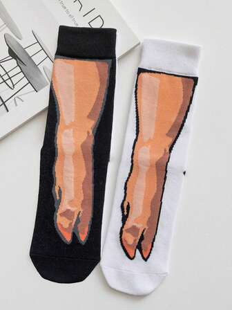 1 Pair Men's Breathable Sweat-Absorbent Casual Funny Cartoon Pig Nose & Pig Feet Pattern Mid-Calf Socks, Versatile