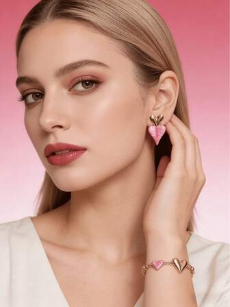 2只优雅粉色心形珐琅耳环 - 心形爱心耳环 - 粉色珐琅镀金镶边个性首饰，女士情人节礼物