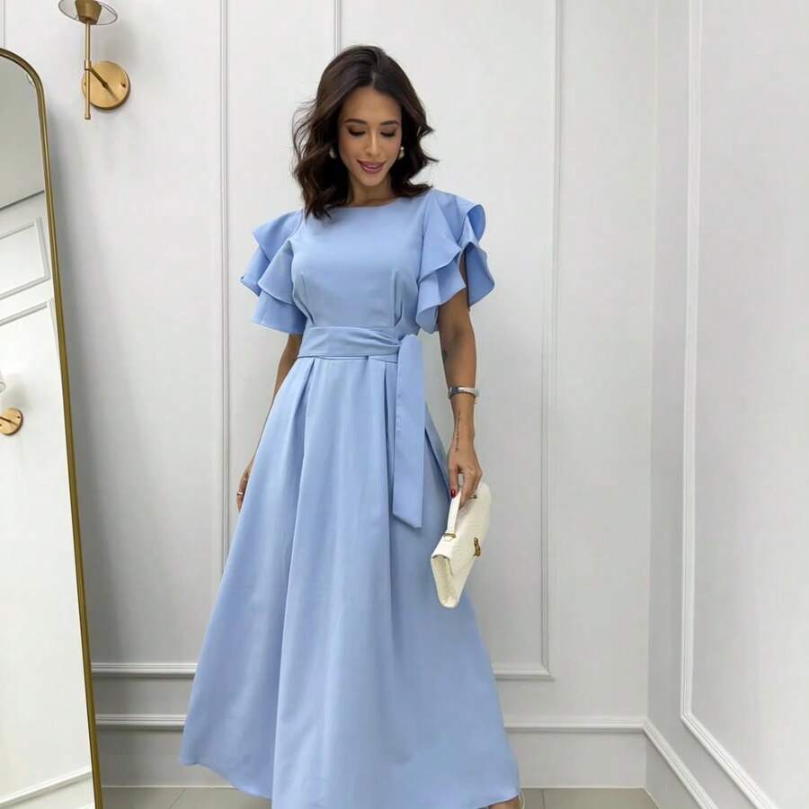 Double Layered Sleeve Midi Dress With Adjustable Sash Belt - 淡藍色 - 查看 1